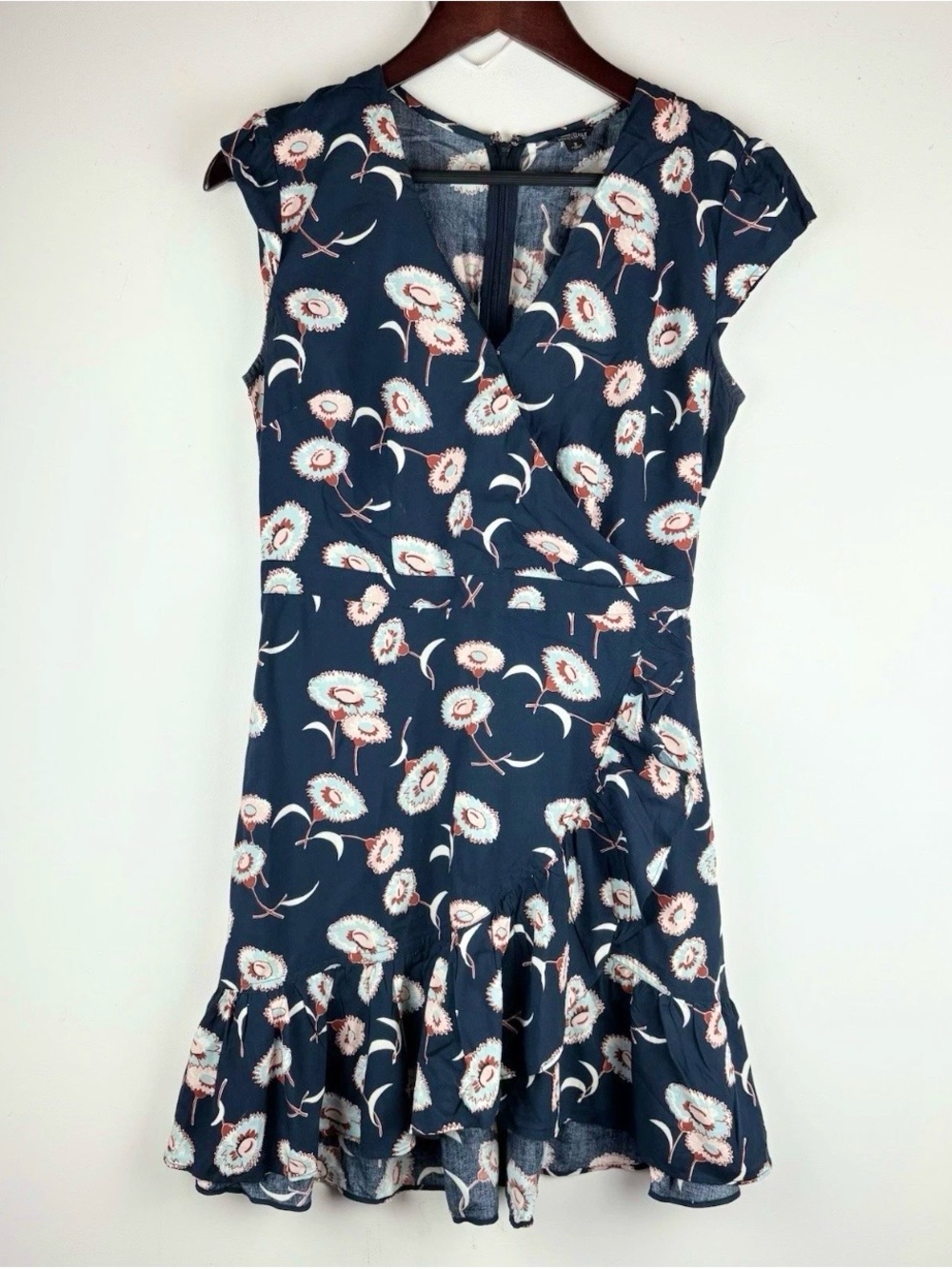 J.Crew Blue Floral Faux Wrap Ruffle Dress Sz 2 Cottagecore Dainty Summer Picnic